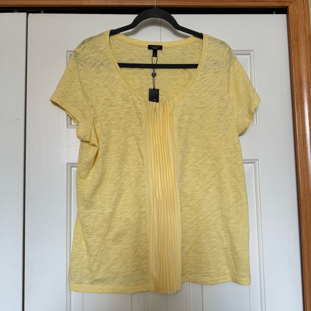 Talbots Yellow Pin-tucked Short‎ Sleeve Cotton Shirt